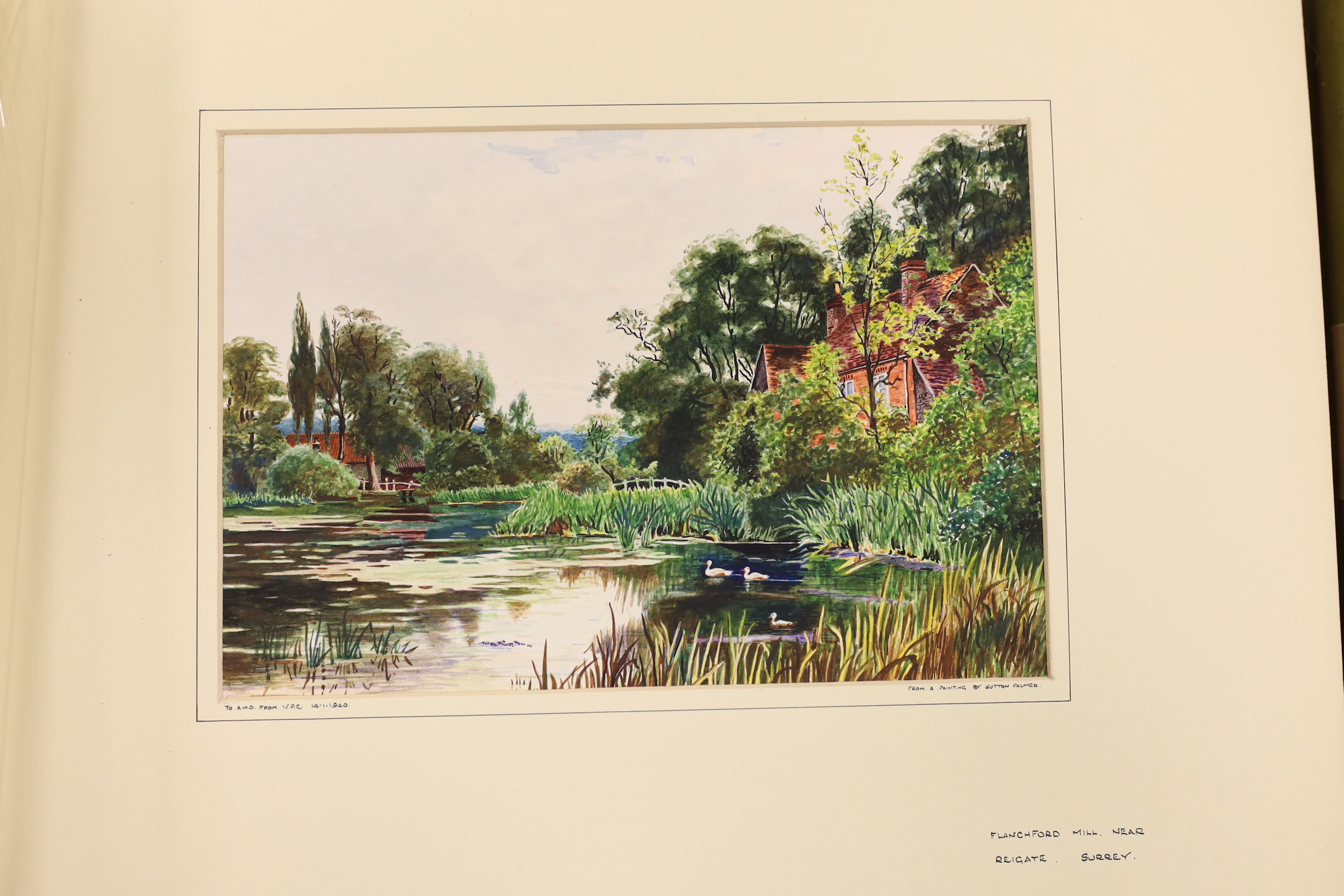 Two 20th century albums of watercolours, pencil sketches, prints, and black and white photographs including many after Sutton Palmer, river landscapes and other scenes around England